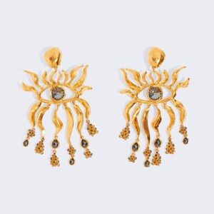 Schiaparelli Style Gold Sunburst Eye Chandelier Earrings